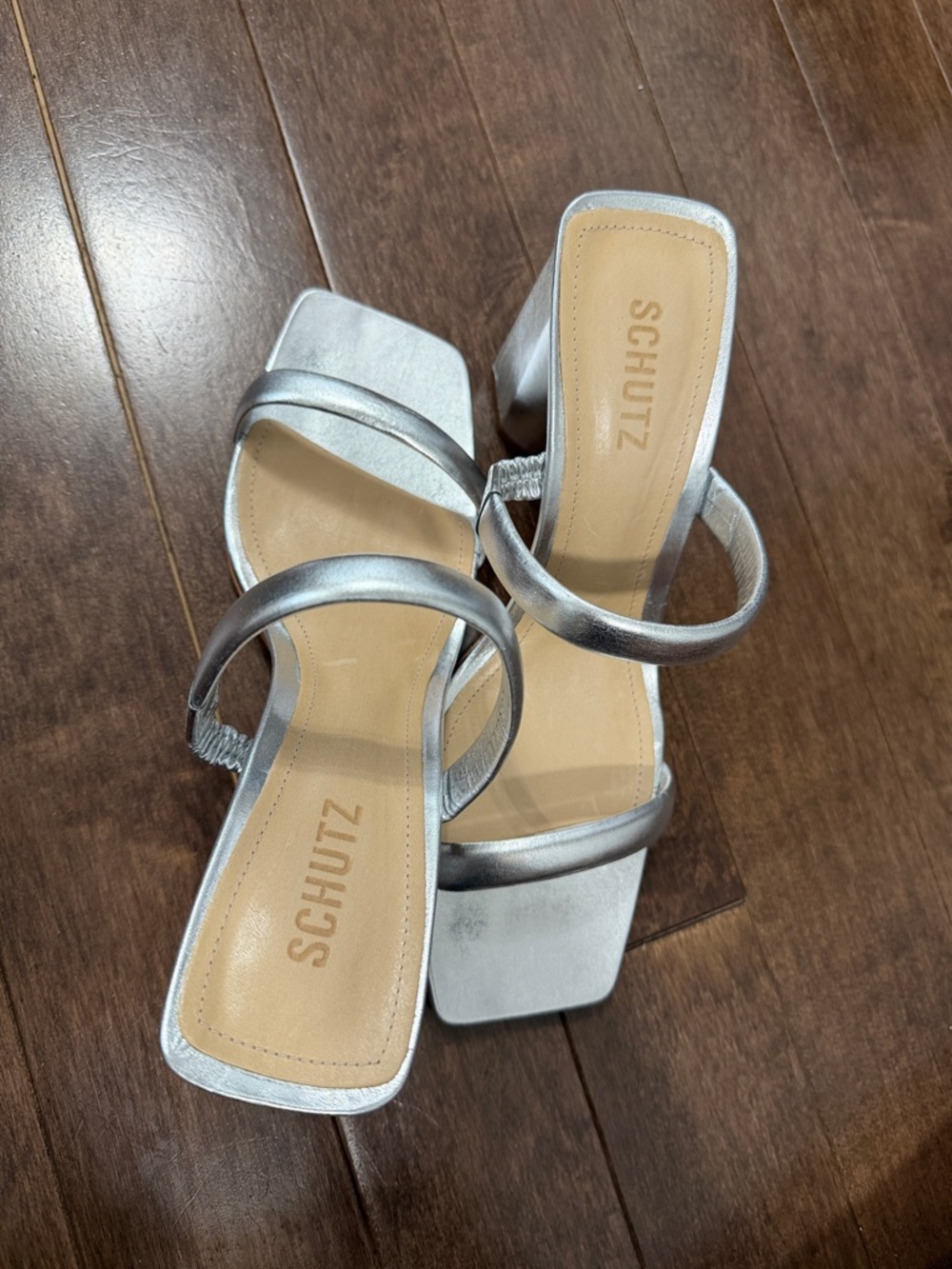 SCHUTZ Metallic Silver Double-Strap Block Heel Sandals